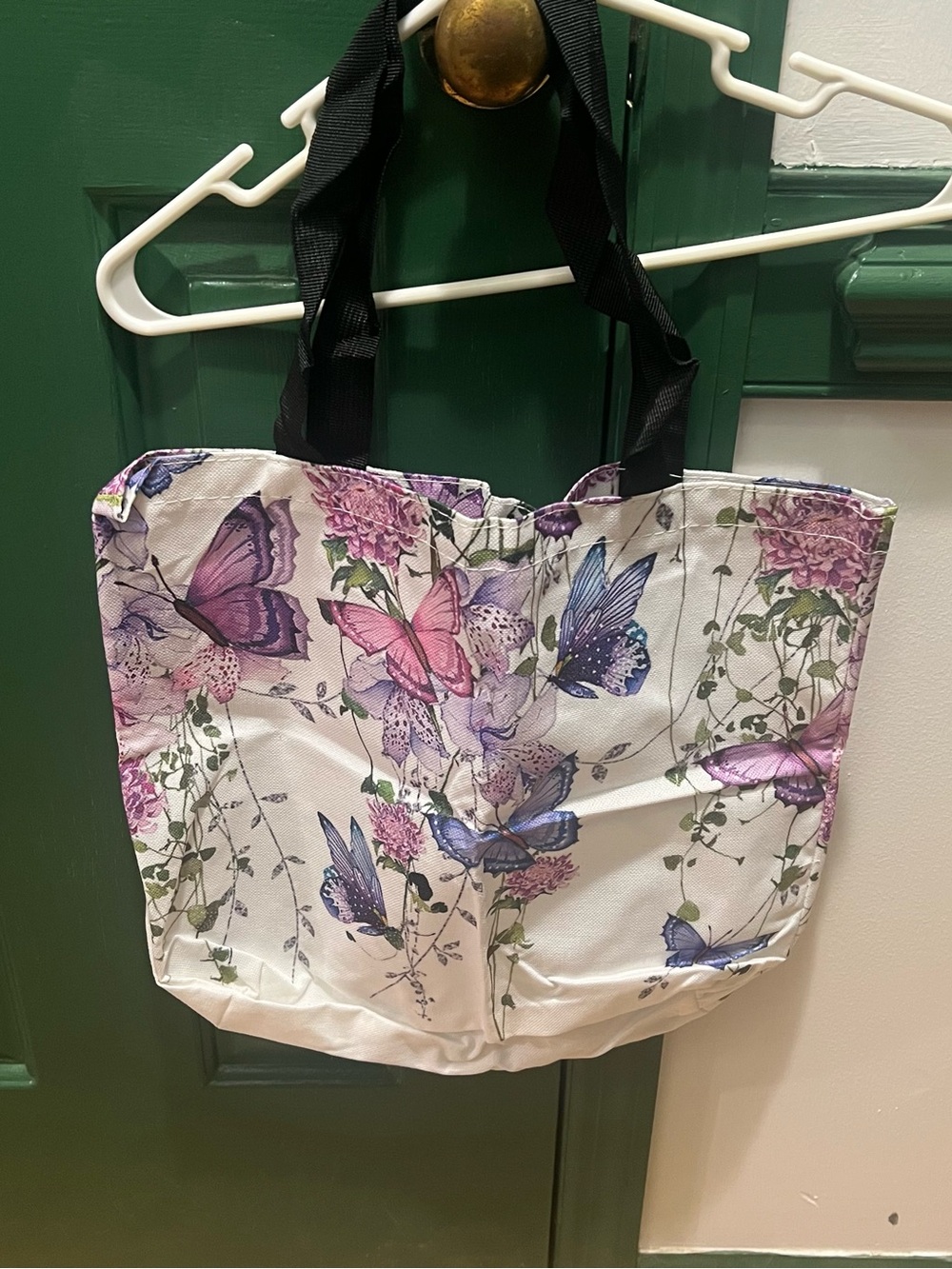 White Butterfly Print Tote Bag with Black Handles NWOT - Picture 1 of 1